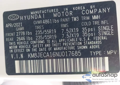 2022 Hyundai Tucson Hybrid Limited z USA, uszkodzony, nr VIN KM8JECA16NU017685